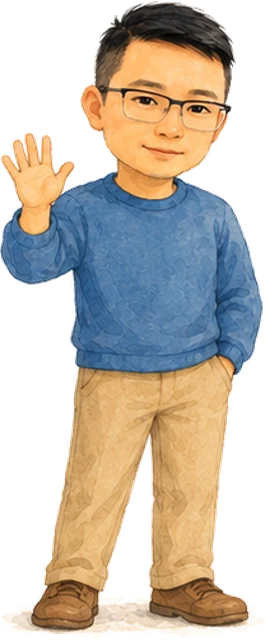 Ba Ba in a blue jumper and glasses, waving
