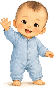 Baby Di Di in blue pyjamas, waving