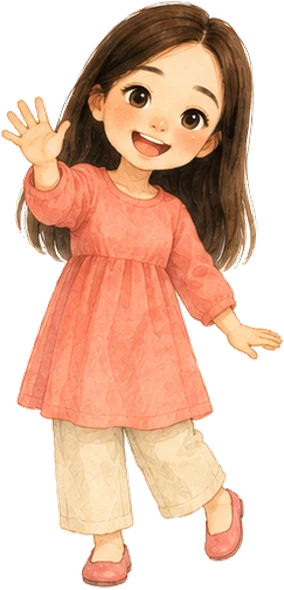 Ma Ma in a pink dress, waving