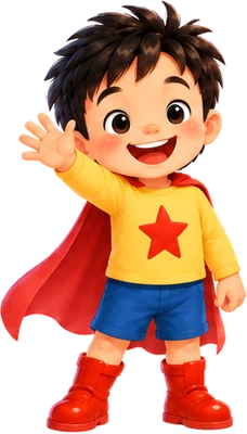 Yang Yang in his superhero costume: yellow star shirt, red cape and red boots