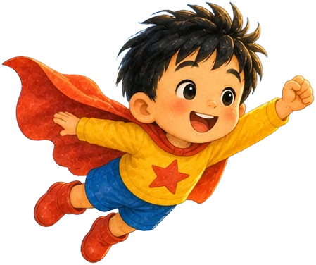 Super Yang Yang flying over his town in his yellow shirt and red cape