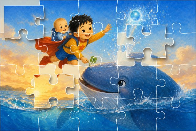 A picture of Yang Yang riding a whale, cut into jigsaw pieces
