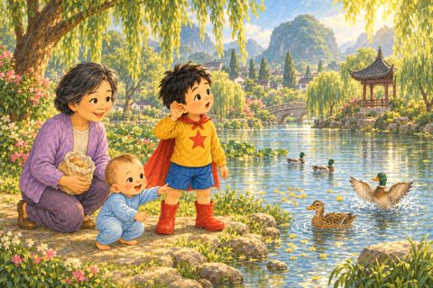 Yang Yang feeding the ducks