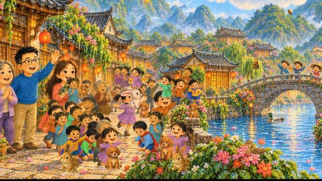 A busy village crowd with Yang Yang hiding in it